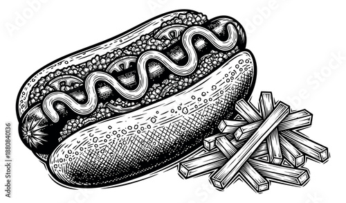 Hand drawn line art illustration of a hot dog and french fries depicting a fast food meal for a restaurant menu