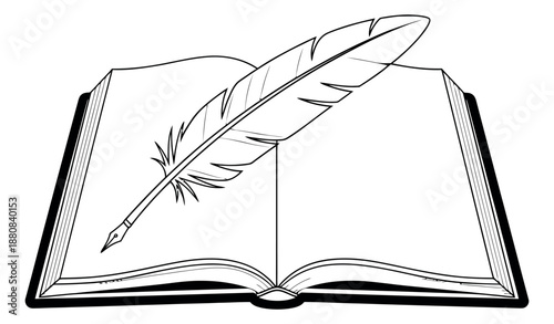 Simple line art illustration of an open book with a quill pen depicting a classic writing scene for education and history
