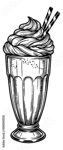 Hand drawn line art illustration of a milkshake depicting whipped cream and wafer rolls for a sweet dessert menu
