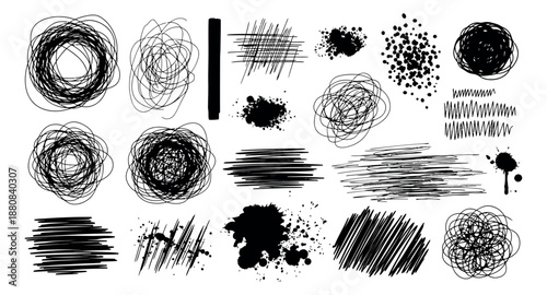 Hand drawn scribble art set featuring ink splatters and abstract lines for graphic design