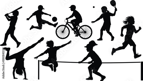 Silhouette icon set of children engaged in diverse sports and physical activities promoting fitness, movement, and active lifestyle in youth illustrations.