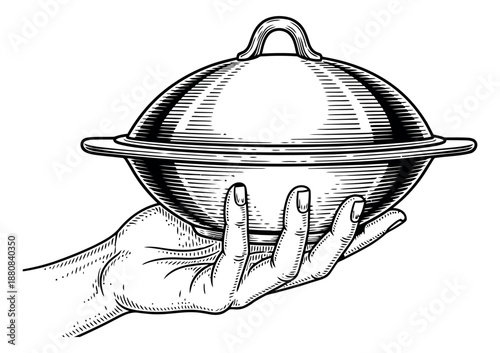 Hand drawn line art illustration of a serving platter depicting a waiter's hand presenting food for fine dining