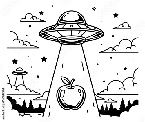 Hand drawn line art illustration of a flying saucer and an apple depicting an alien abduction scene for creative designs