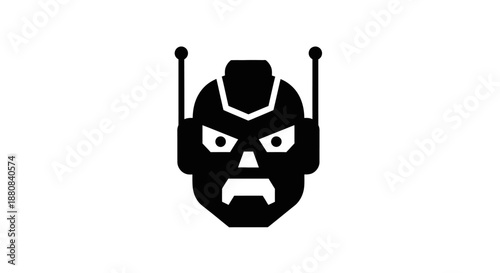 Robot head with angry face expression.