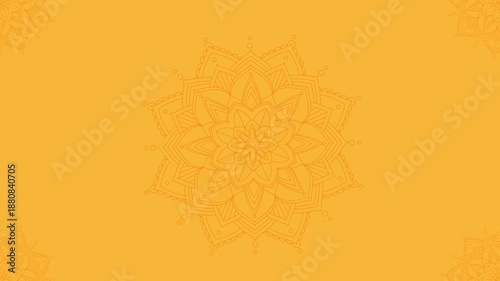 Yellow color Abstract Rotating animated mandala backdrop art design in orange background copy space 4k seamless loop artistic animation Tamil, Hindu, sri lankan new year concept