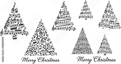 Musical Christmas tree silhouette illustration set, holiday trees created from music notes and staff lines, elegant black