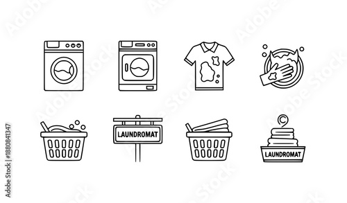 Linear laundry icons vector set with washing machine dryer and hand wash symbols