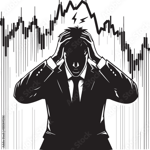 Stressed trader silhouette facing falling market graph anxiety concept vector