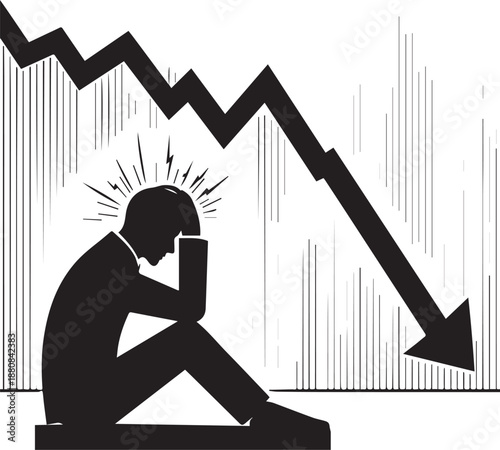Stressed trader silhouette facing falling market graph anxiety concept vector