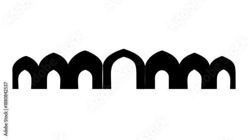 A silhouette of a series of repetitive Islamic horseshoe arches receding into the distance, creating a hallway.