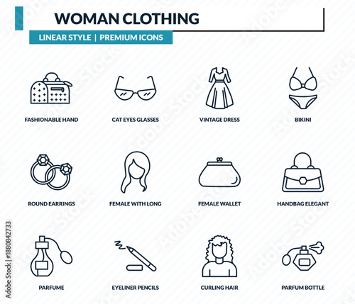 woman clothing icons set - fashionable hand bag, cat eyes glasses, vintage dress, handbag elegant, parfum bottle outline vector collection.