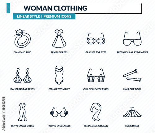 woman clothing icons set - diamond ring, female dress, glasses for eyes, hair clip tool, long dress outline vector collection.