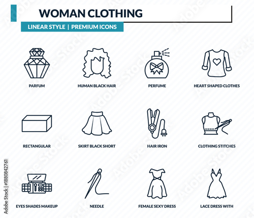 woman clothing icons set - parfum, human black hair, perfume, clothing stitches, lace dress with belt outline vector collection.