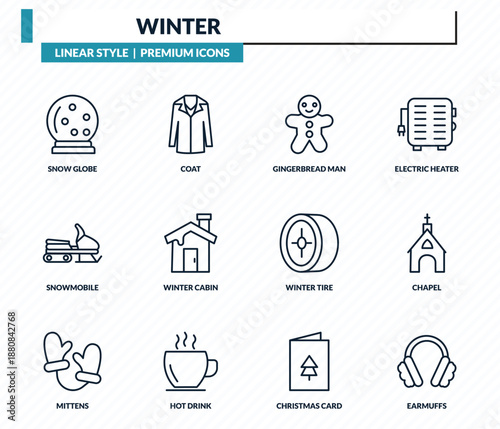 winter icons set - snow globe, coat, gingerbread man, chapel, earmuffs outline vector collection.
