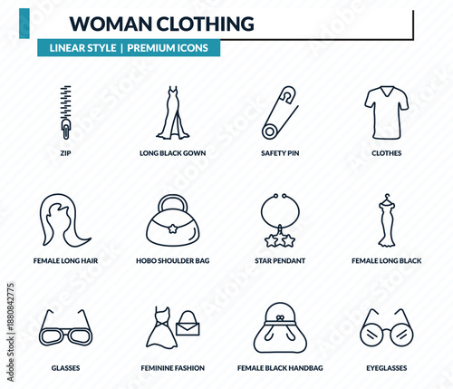 woman clothing icons set - zip, long black gown, safety pin, female long black dress, eyeglasses outline vector collection.