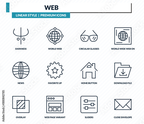 web icons set - darkness, world web, circular glasses, download file, close envelope outline vector collection.