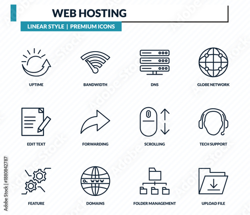 web hosting icons set - uptime, bandwidth, dns, tech support, upload file outline vector collection.
