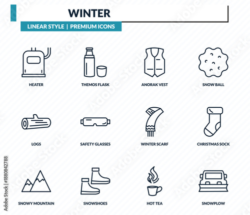 winter icons set - heater, themos flask, anorak vest, christmas sock, snowplow outline vector collection.
