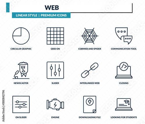 web icons set - circular graphic, grid on, cobweb and spider, closing, looking for students outline vector collection.