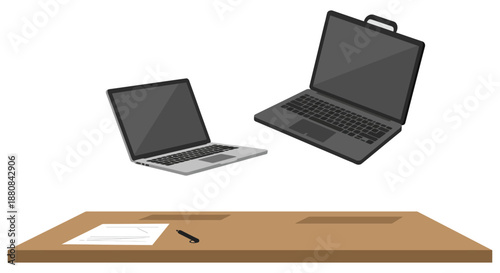 digital workspace concept showing two laptops floating above a desk with a document and pen symbolizing remote work.