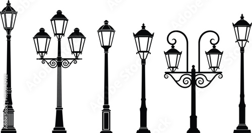 Vintage street lamps, silhouette illustration, black vector, outdoor lighting, urban design, garden lanterns, classic style, decorative poles, architectural elements, retro fixtures