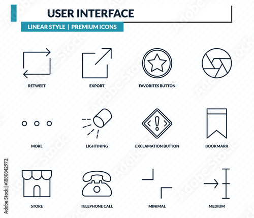 user interface icons set - retweet, export, favorites button, bookmark, medium outline vector collection.
