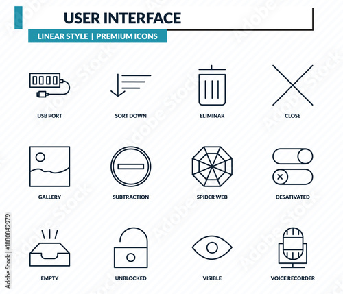 user interface icons set - usb port, sort down, eliminar, desativated, voice recorder outline vector collection.