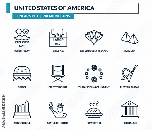 united states of america icons set - father's day, labor day, thanksgiving peacock, electric guitar, federalism outline vector collection.