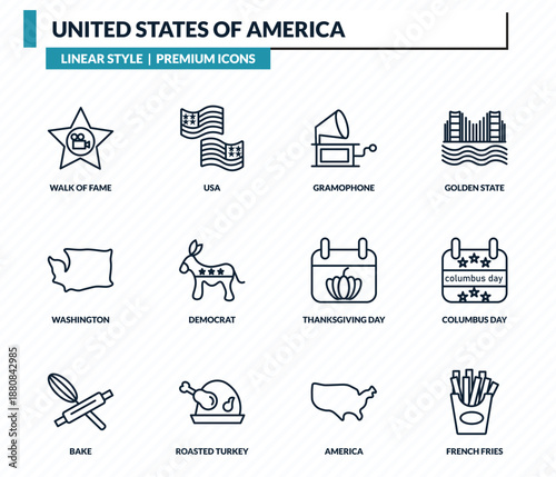 united states of america icons set - walk of fame, usa, gramophone, columbus day, french fries outline vector collection.