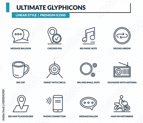 ultimate glyphicons icons set - message balloon, checked pin, big music note, old radio with antenna, man on motorbike outline vector collection.