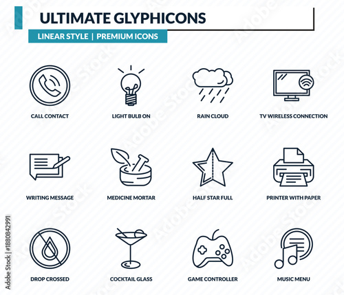ultimate glyphicons icons set - call contact, light bulb on, rain cloud, printer with paper, music menu outline vector collection.
