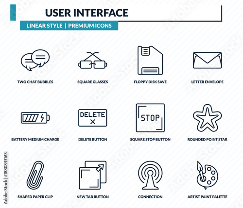 user interface icons set - two chat bubbles, square glasses, floppy disk save button, rounded point star, artist paint palette outline vector collection.