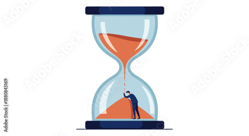 time management crisis depicting a man struggling against flowing sand in a giant hourglass representing urgent deadlines and stress.