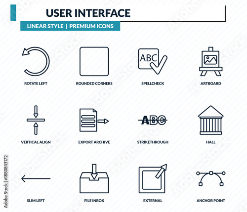 user interface icons set - rotate left, rounded corners square, spellcheck, hall, anchor point outline vector collection.