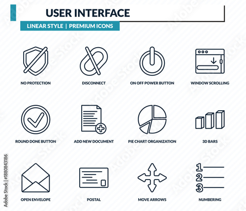 user interface icons set - no protection, disconnect, on off power button, 3d bars, numbering outline vector collection.