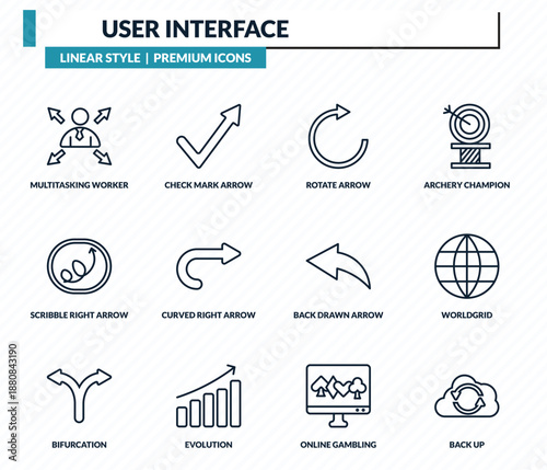 user interface icons set - multitasking worker, check mark arrow, rotate arrow, worldgrid, back up outline vector collection.