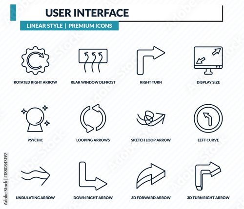 user interface icons set - rotated right arrow, rear window defrost, right turn, left curve, 3d turn right arrow outline vector collection.