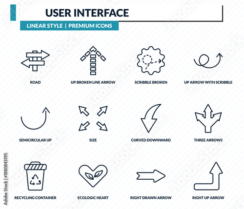 user interface icons set - road, up broken line arrow, scribble broken line, three arrows, right up arrow outline vector collection.