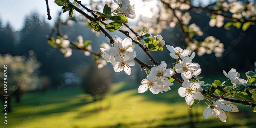 Obraz premium White blossoms on a branch, sunlight streaming through, over green lawn and trees in background