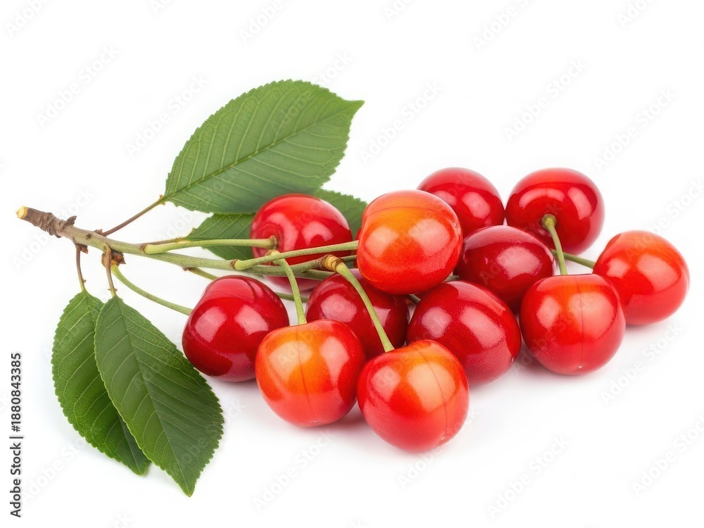 Obraz premium Fresh cherries with green leaves on white background