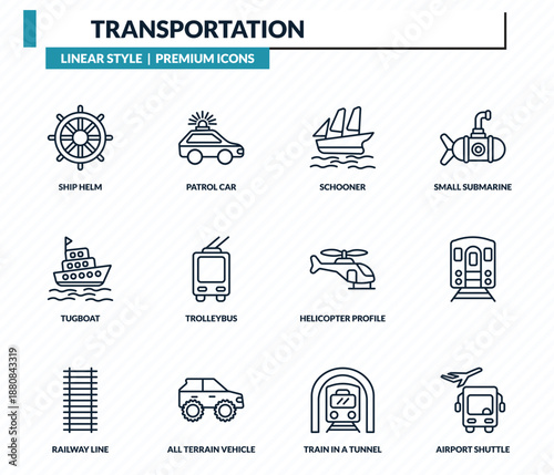 transportation icons set - ship helm, patrol car, schooner, , airport shuttle outline vector collection.