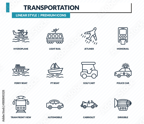 transportation icons set - hydroplane, light rail, jetliner, police car, dirigible outline vector collection.
