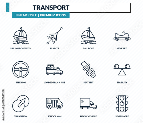 transport icons set - sailing boat with veils, flights, sail boat, stability, semaphore outline vector collection.