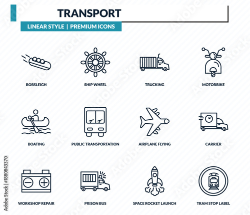 transport icons set - bobsleigh, ship wheel, trucking, carrier, tram stop label outline vector collection.