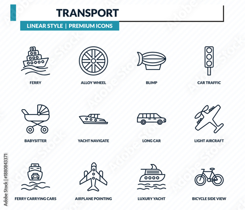 transport icons set - ferry, alloy wheel, blimp, light aircraft, bicycle side view outline vector collection.