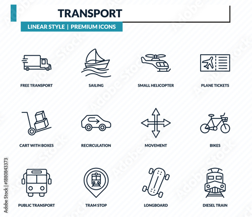 transport icons set - free transport, sailing, small helicopter, bikes, diesel train outline vector collection.