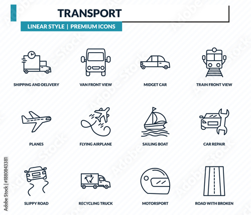 transport icons set - shipping and delivery, van front view, midget car, car repair, road with broken lines outline vector collection.
