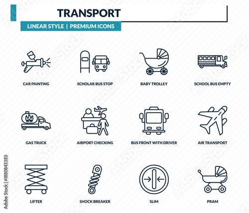 transport icons set - car painting, scholar bus stop, baby trolley, air transport, pram outline vector collection.