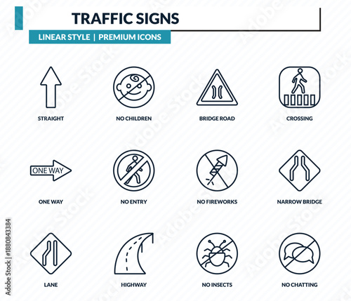 traffic signs icons set - straight, no children, bridge road, narrow bridge, no chatting outline vector collection.
