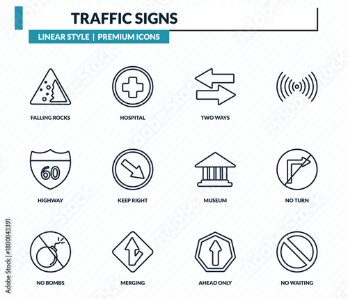 traffic signs icons set - falling rocks, hospital, two ways, no turn, no waiting outline vector collection.